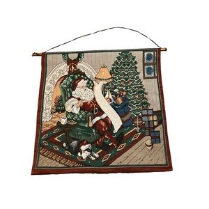 Manual Woodworkers Weavers Christmas Tapestry Wall Hanging Santa List Husky Dog